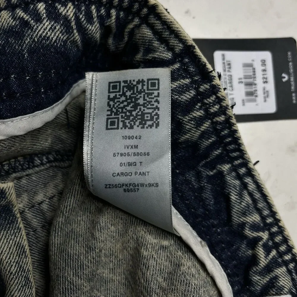 NEW True Religion Big T Cargo Pants Y2K Men 31x34 Acid Wash Denim Baggy Loose